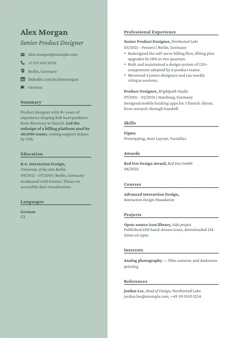 The Sage Green resume template, filled in with a sample resume