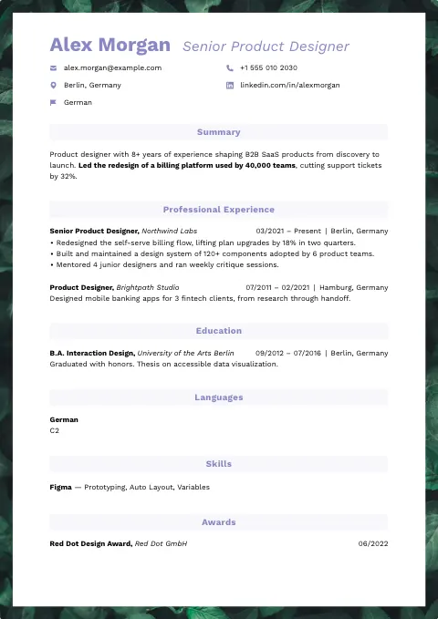 The Lavender resume template, filled in with a sample resume