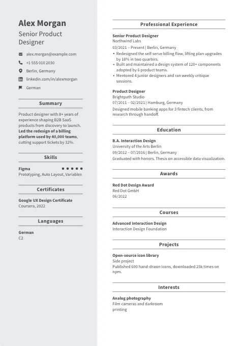 The Olive Ash resume template, filled in with a sample resume