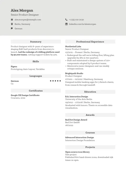 The Mercury Panel resume template, filled in with a sample resume