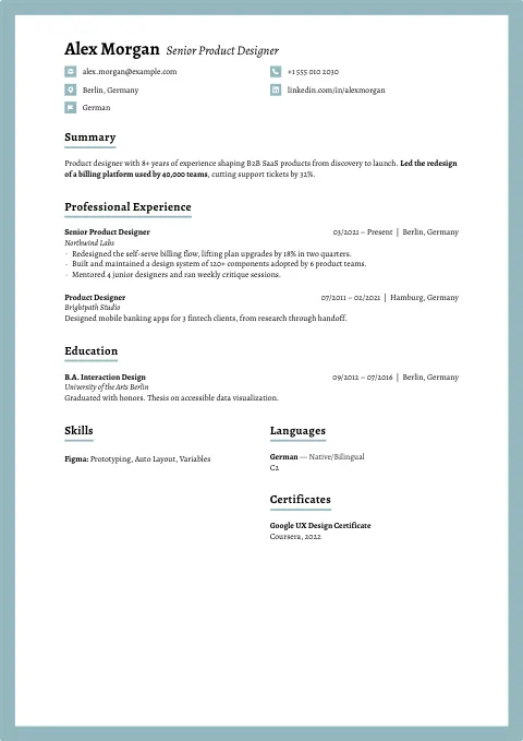 The Cyan Grey resume template, filled in with a sample resume