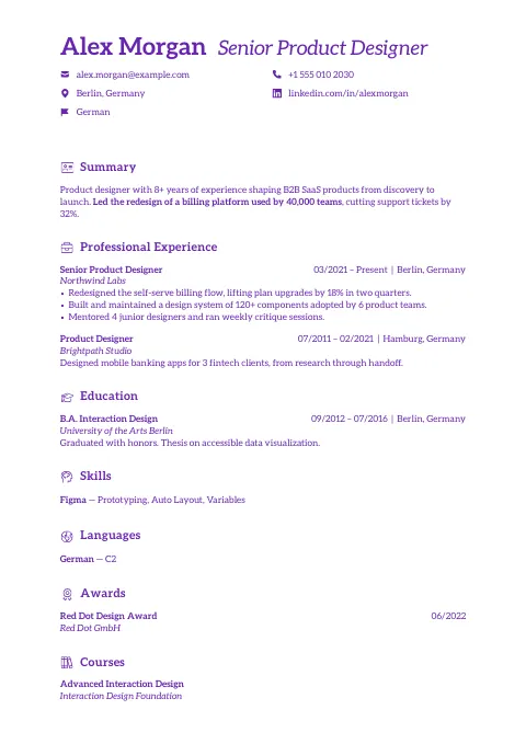 The Violetta resume template, filled in with a sample resume