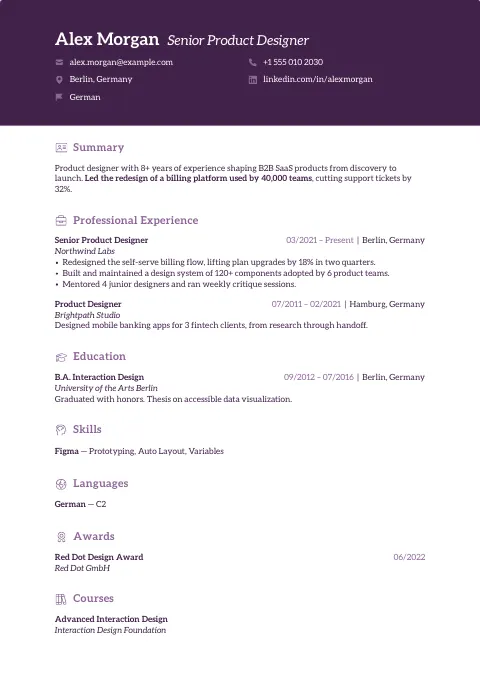 The Viola resume template, filled in with a sample resume