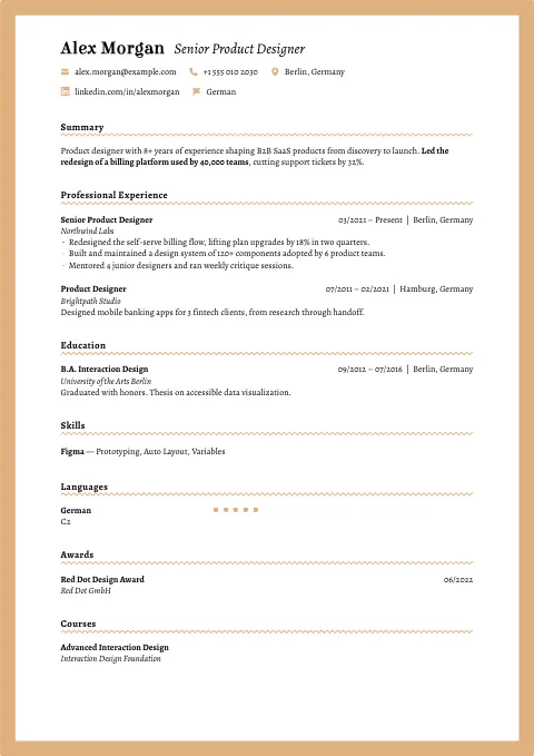 The Gold resume template, filled in with a sample resume