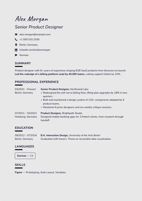 The Grey Goose resume template, filled in with a sample resume