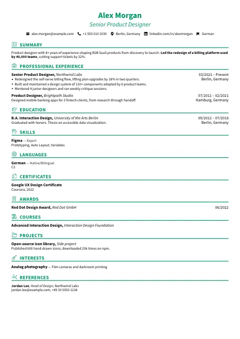 The Mint Line resume template, filled in with a sample resume