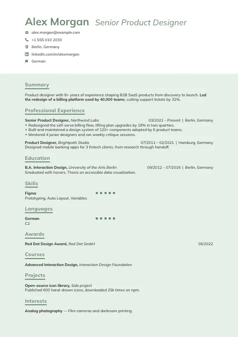 The Minty resume template, filled in with a sample resume