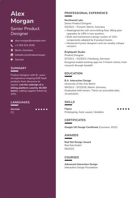 The Designer resume template, filled in with a sample resume
