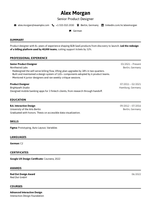The Mono Underline resume template, filled in with a sample resume