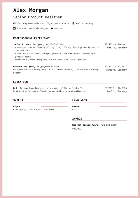 The Powder Blush resume template, filled in with a sample resume