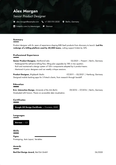 The Black Pattern resume template, filled in with a sample resume