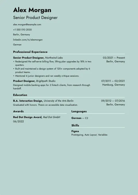 The Opal Silk resume template, filled in with a sample resume