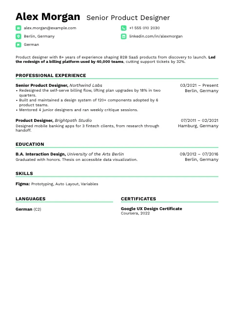 The Neon Green resume template, filled in with a sample resume