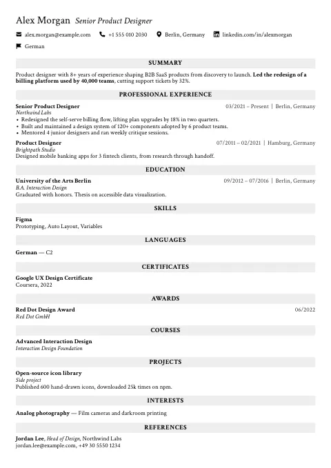 The Neutral Gray resume template, filled in with a sample resume