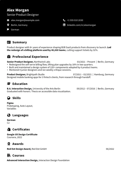 The Obsidian Edge resume template, filled in with a sample resume