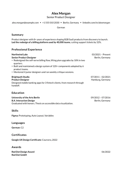 The Open Form resume template, filled in with a sample resume