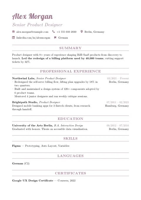 The Plum Accent resume template, filled in with a sample resume