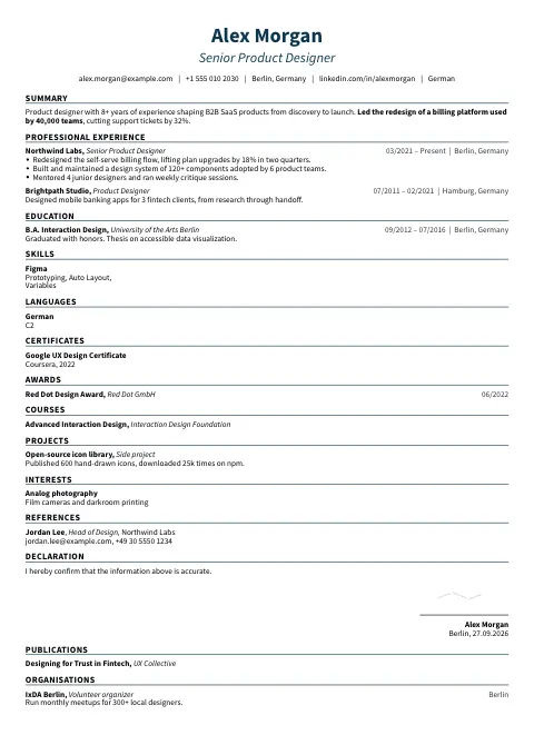 The Precision Line resume template, filled in with a sample resume