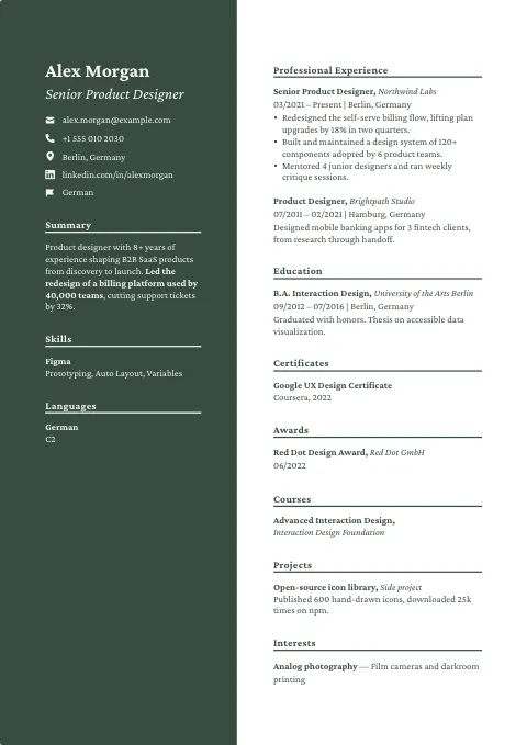 The Hunter Green resume template, filled in with a sample resume