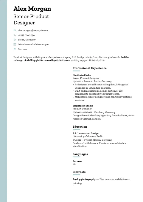 The Frosted Teal resume template, filled in with a sample resume