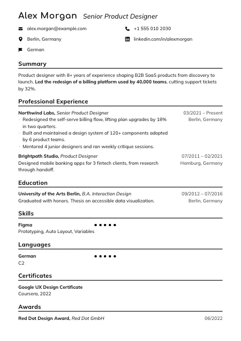 The Pure Baseline resume template, filled in with a sample resume
