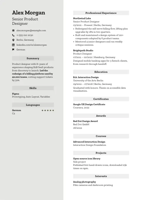 The Quicksilver resume template, filled in with a sample resume