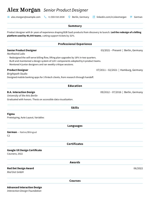 The Quiet Blue resume template, filled in with a sample resume