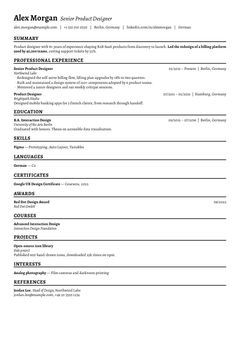 The Quiet Focus resume template, filled in with a sample resume