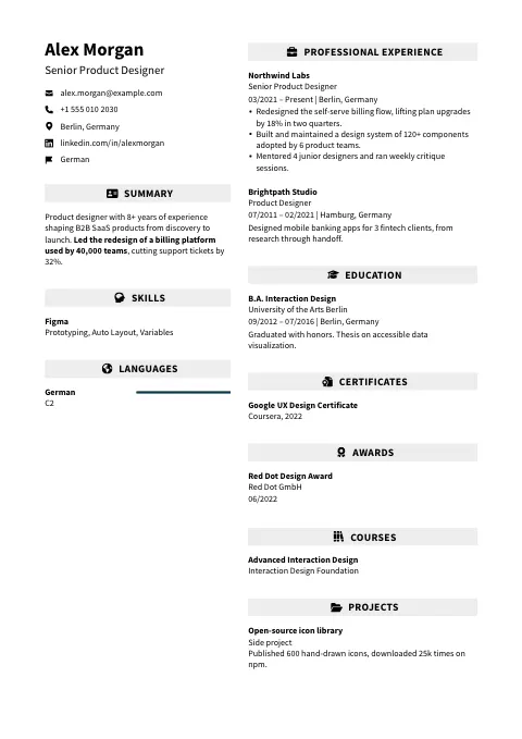 The Refined resume template, filled in with a sample resume