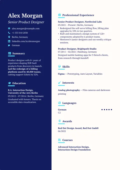 The Royal Blue resume template, filled in with a sample resume