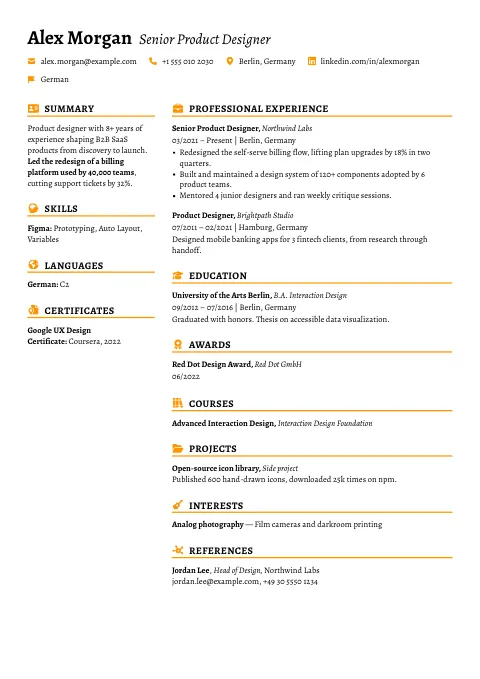 The Saffron Line resume template, filled in with a sample resume