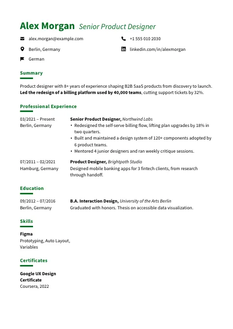 The Sage Line resume template, filled in with a sample resume