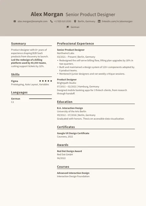 The Sandstone Dual resume template, filled in with a sample resume