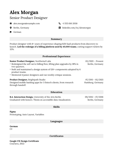 The Silver Banner resume template, filled in with a sample resume