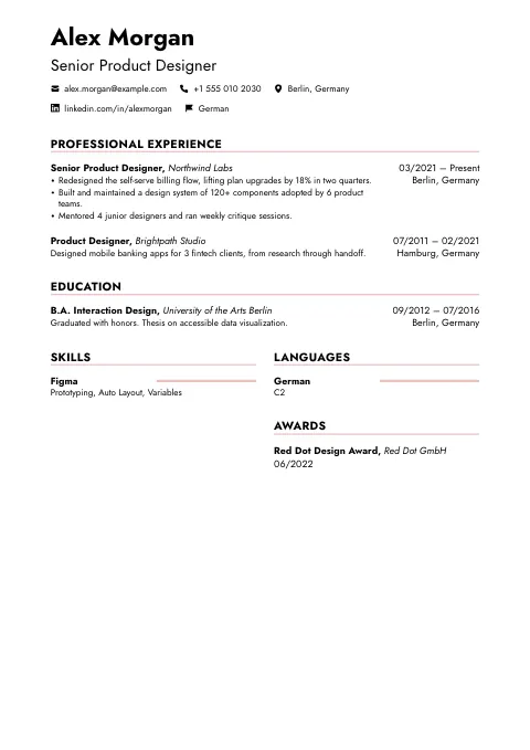 The Simple Blush resume template, filled in with a sample resume