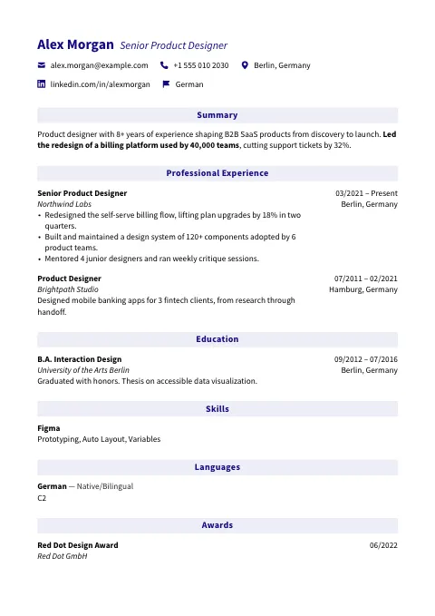 The Simply Blue resume template, filled in with a sample resume