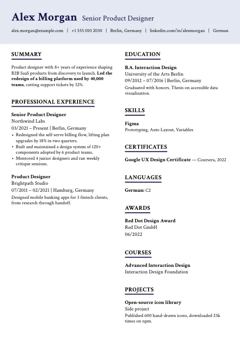 The Slate Dawn resume template, filled in with a sample resume