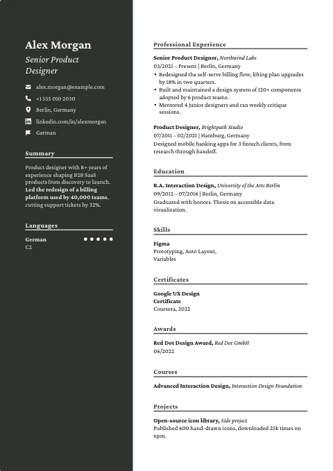 The Slate Focus resume template, filled in with a sample resume