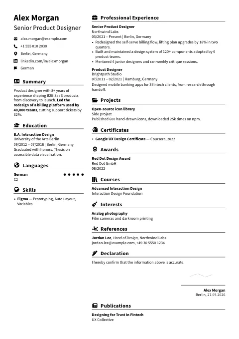 The Split Rule resume template, filled in with a sample resume