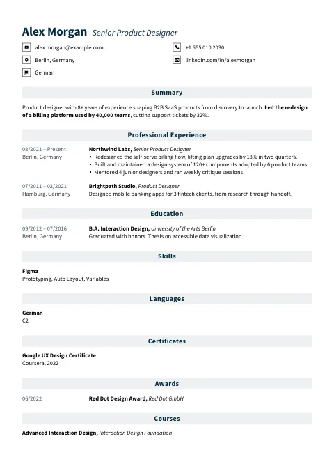The Steady Form resume template, filled in with a sample resume