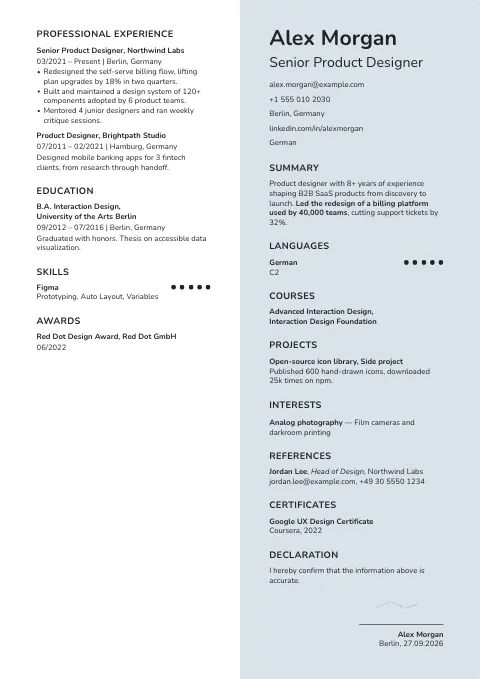 The Steel Grey resume template, filled in with a sample resume