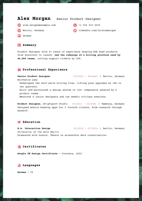 The Sunset Gradient resume template, filled in with a sample resume