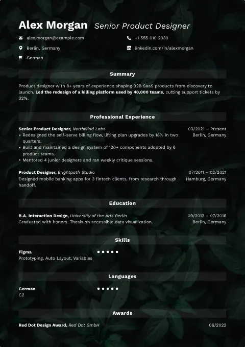 The Transparent Leaves resume template, filled in with a sample resume