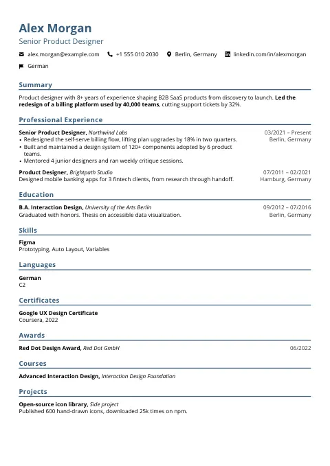 The True Blue resume template, filled in with a sample resume