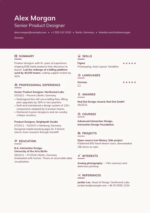 The Burgundy resume template, filled in with a sample resume