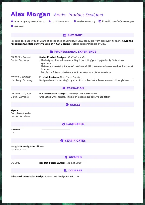 The Ultra Violet resume template, filled in with a sample resume