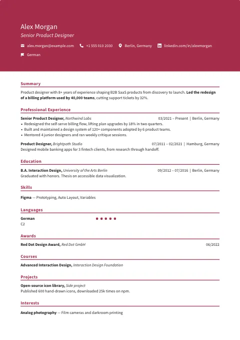 The Warrior Red resume template, filled in with a sample resume